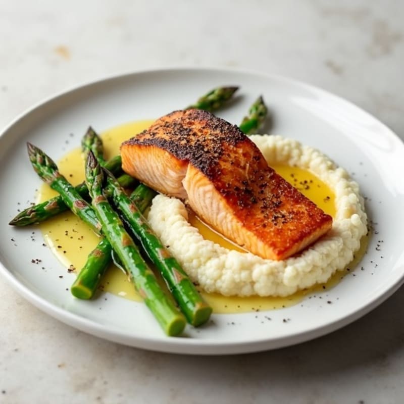 Seared Salmon with Steamed Asparagus and Cauliflower Mash