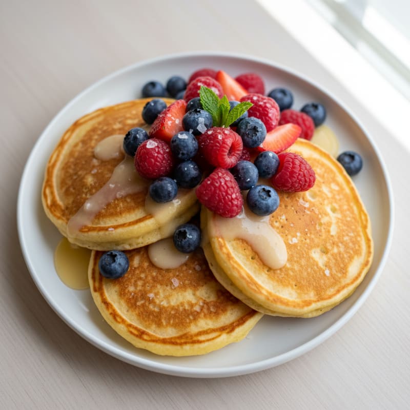 Fluffy Golden Buttermilk-Style Protein Pancakes with Berries