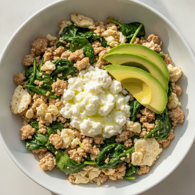 Egg White and Turkey Spinach Scramble with Cottage Cheese
