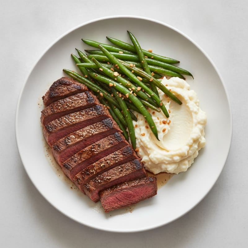 Seared Steak with Garlic Green Beans and Cauliflower Mash