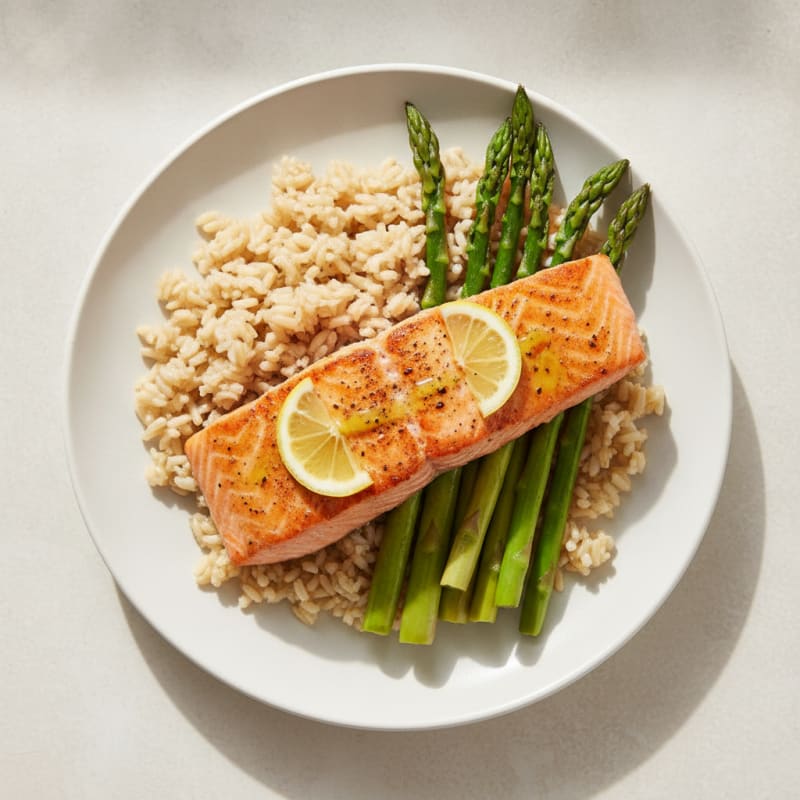 Seared Salmon Fillet with Steamed Asparagus and Brown Rice