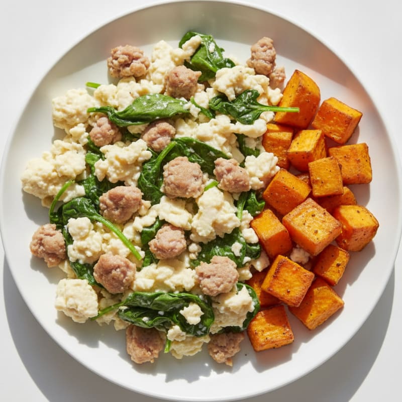 Egg White and Turkey Sausage Scramble with Spinach and Roasted Sweet Potato