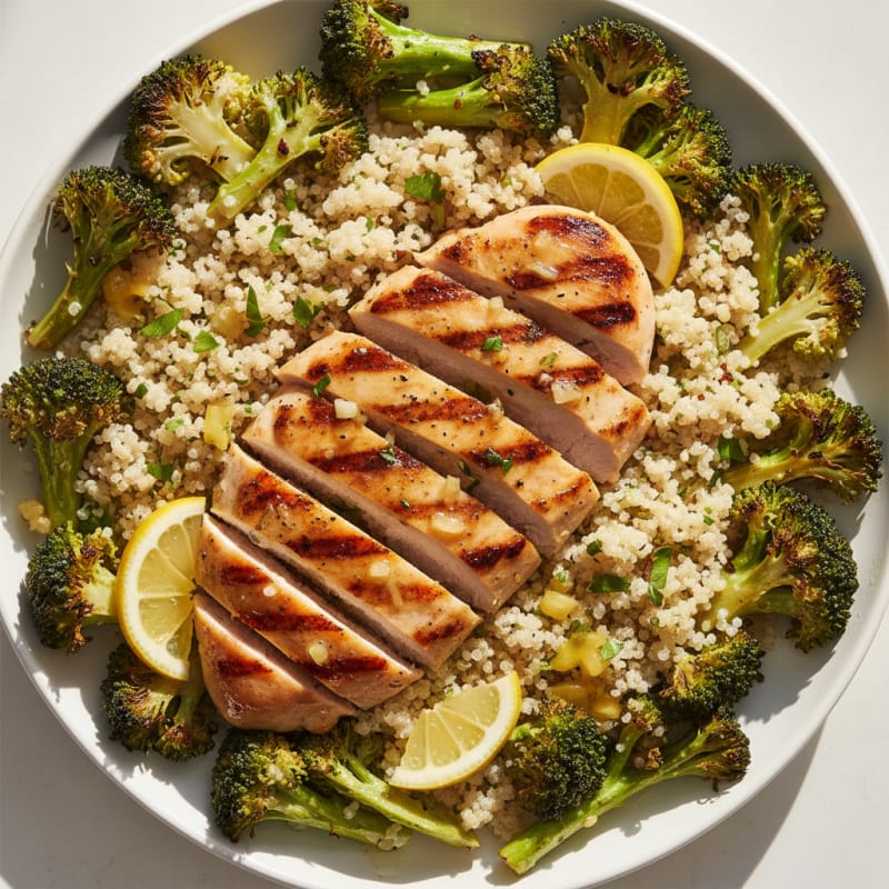 Grilled Lemon Garlic Chicken Breast with Quinoa and Roasted Broccoli