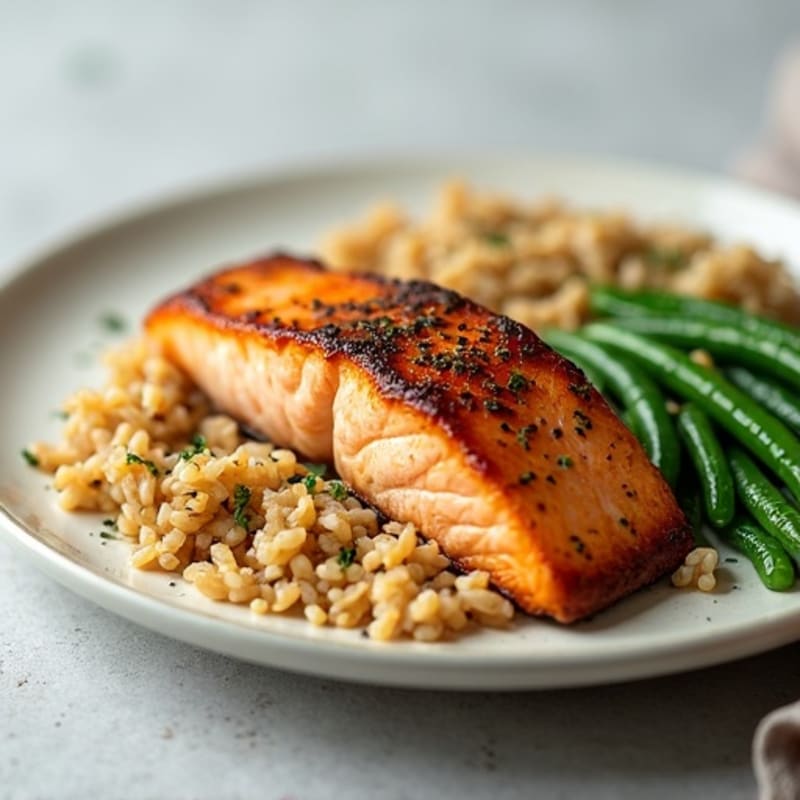Seared Salmon with Steamed Green Beans and Brown Rice