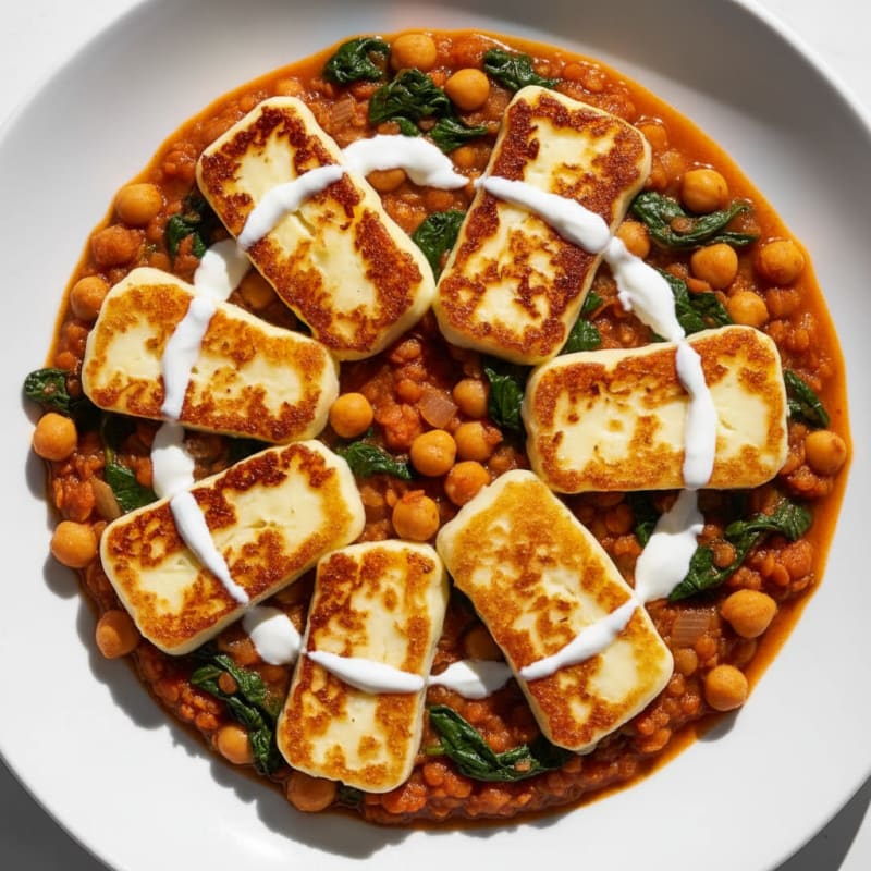 Creamy Lentil and Chickpea Stew with Spinach and Grilled Halloumi