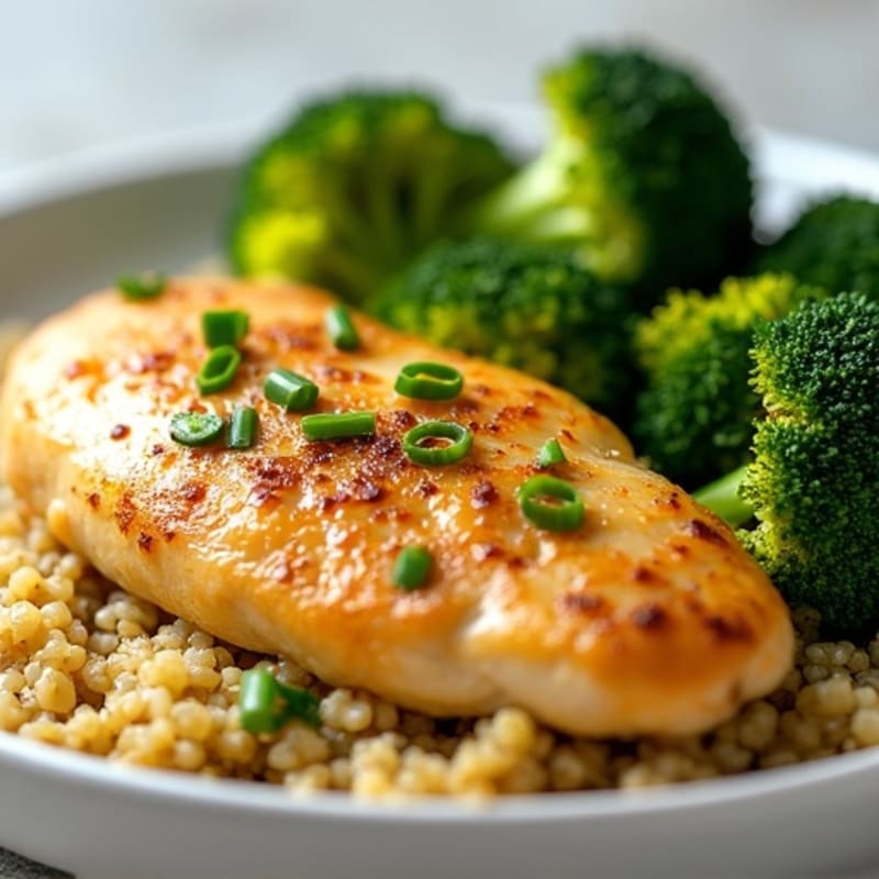 Lemon Garlic Pan-Seared Chicken with Roasted Broccoli and Quinoa