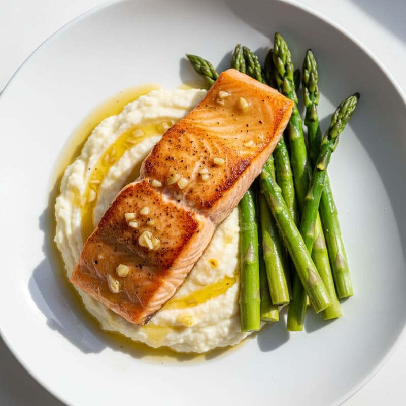 Seared Salmon Filet with Steamed Asparagus and Creamy Cauliflower Mash