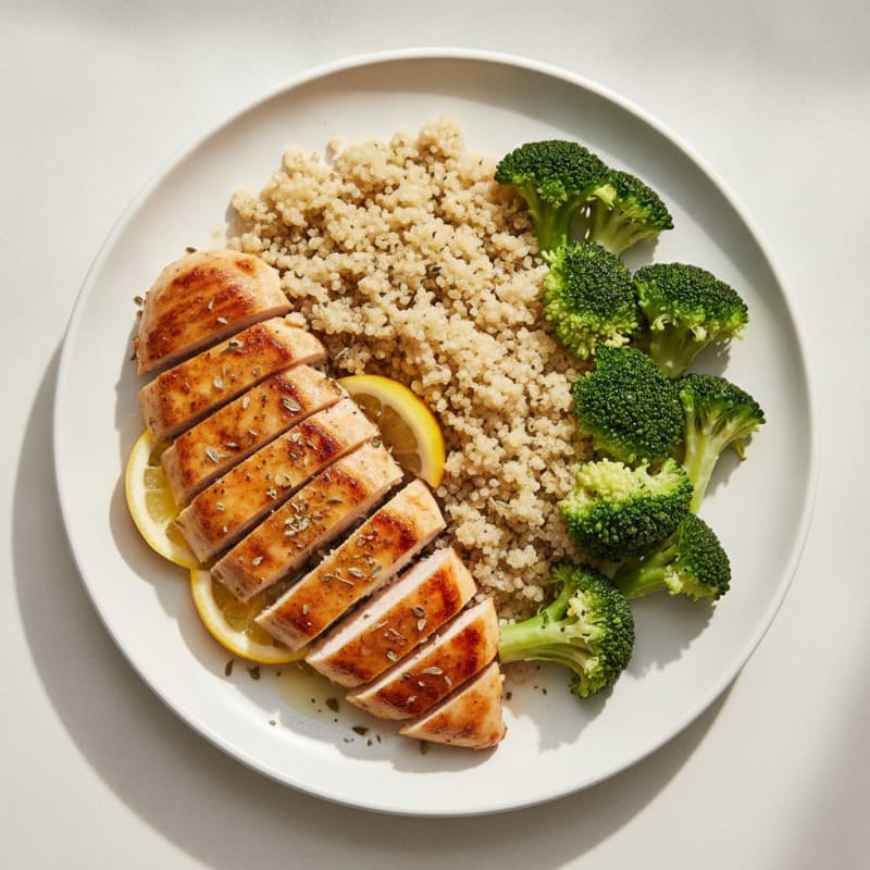 Grilled Chicken Breast with Steamed Broccoli and Quinoa