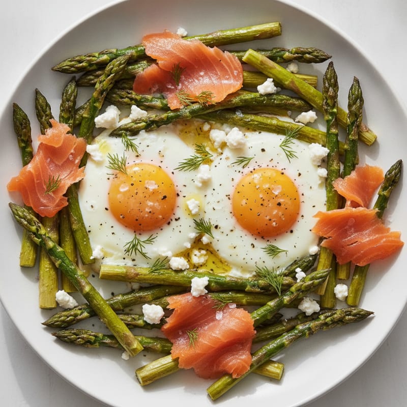 Baked Eggs with Roasted Asparagus and Smoked Salmon