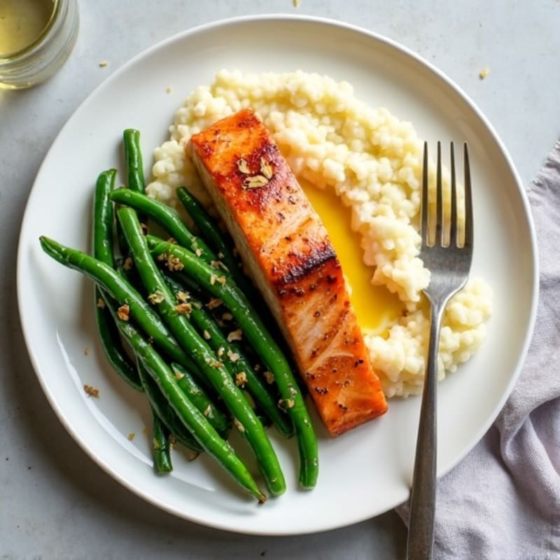 Seared Salmon with Garlic Green Beans and Cauliflower Mash