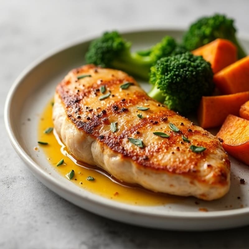 Seared Chicken Breast with Roasted Sweet Potatoes and Broccoli