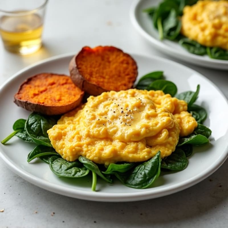 Creamy Scrambled Eggs with Spinach and Roasted Sweet Potato
