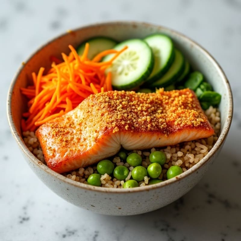 Crispy Salmon Rice Bowl with Fresh Vegetables