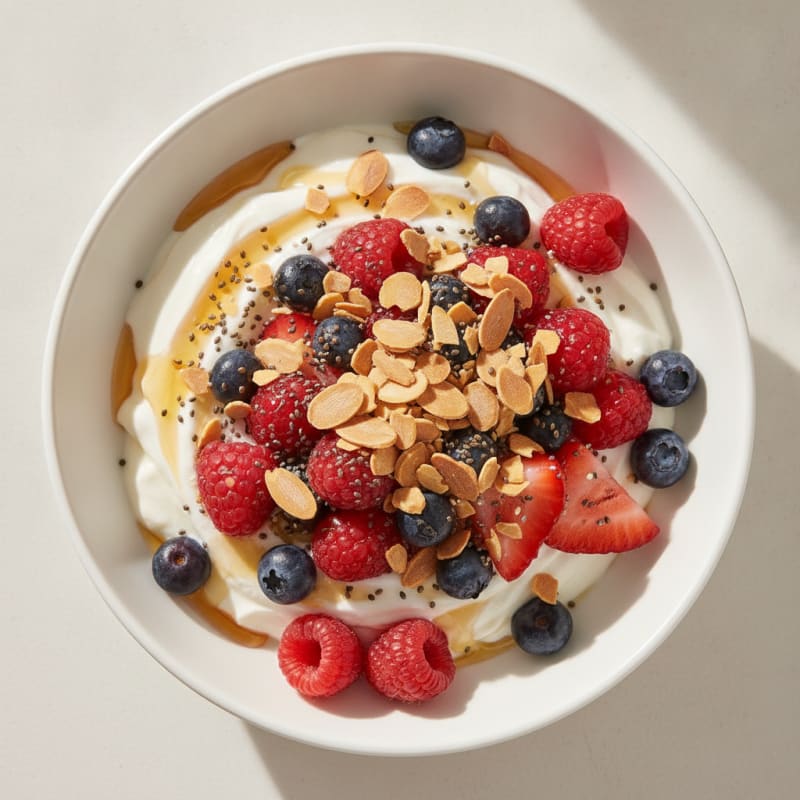 Greek Yogurt Protein Parfait with Mixed Berries and Almonds