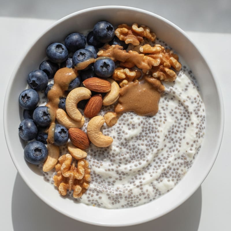 High-Protein Greek Yogurt Chia Pudding with Mixed Nuts and Fruit
