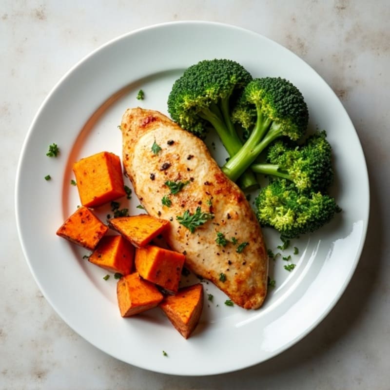 Pan-Seared Chicken Breast with Roasted Sweet Potatoes and Steamed Broccoli with a Light Skyr Salad
