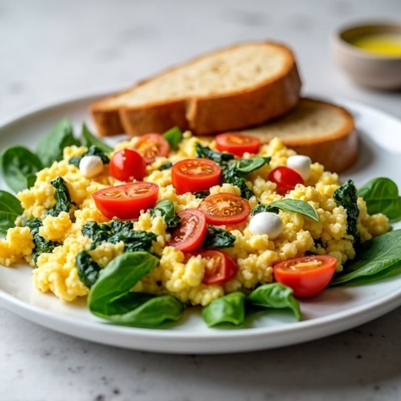 Egg White Spinach Scramble with Cottage Cheese and Cherry Tomatoes