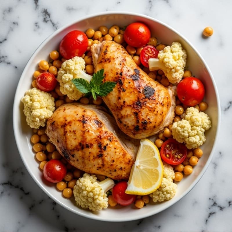 Sheet Pan Roasted Cauliflower, Tomatoes & Chicken with Chickpeas