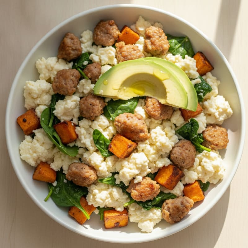 Egg White and Turkey Sausage Scramble with Spinach and Sweet Potato