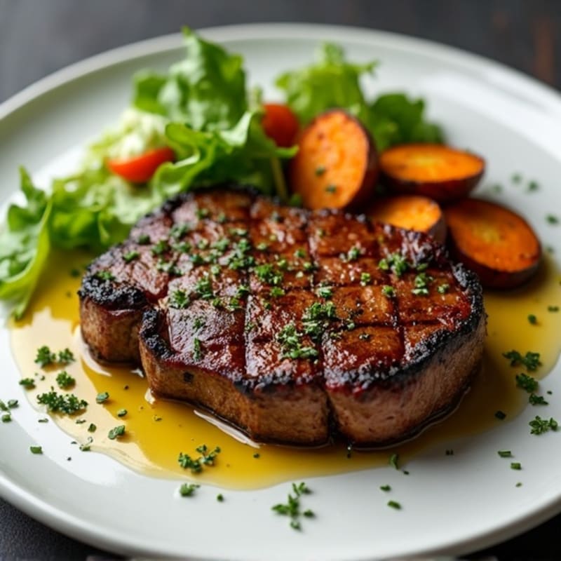 Seared Steak with Crispy Roasted Sweet Potatoes and Fresh Greens