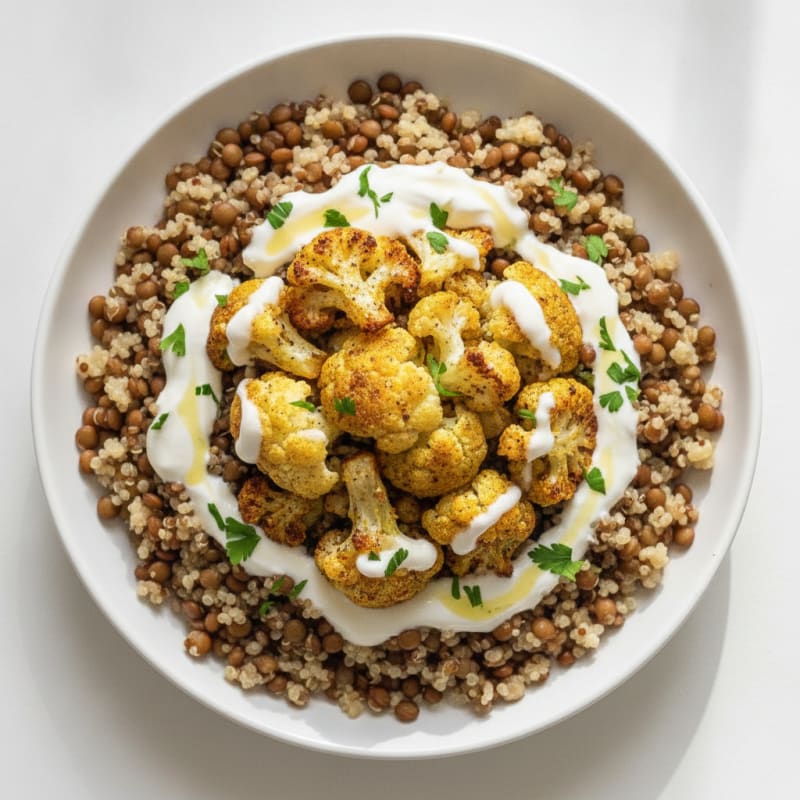 Lentil and Quinoa Bowl with Roasted Cauliflower and Yogurt Sauce