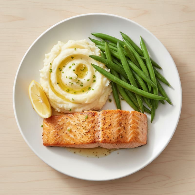Seared Salmon with Steamed Green Beans and Garlic Mashed Potatoes