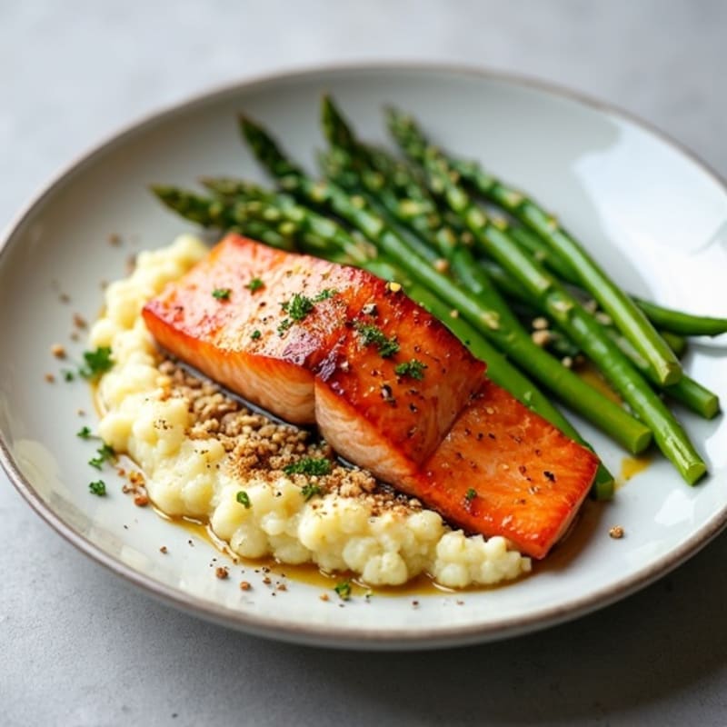 Seared Salmon with Steamed Asparagus and Cauliflower Mash