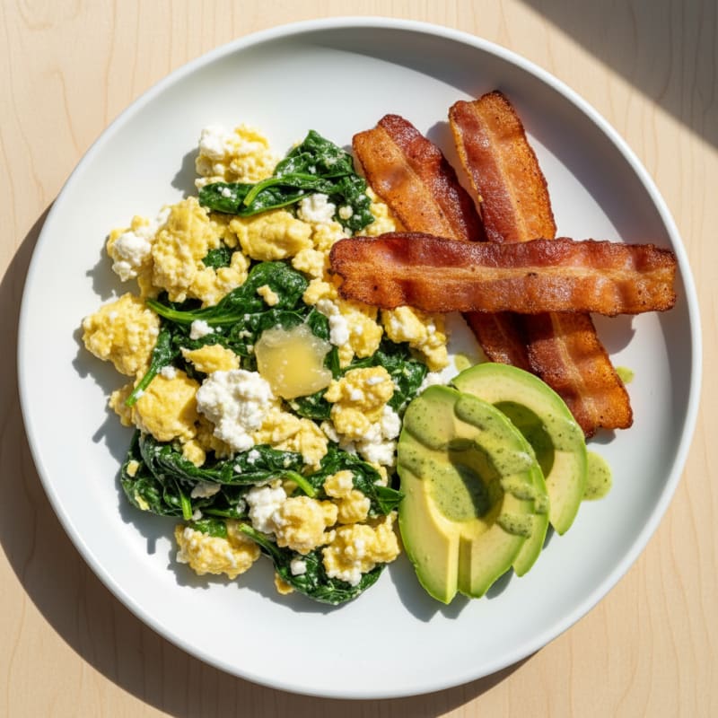 Cottage Cheese Egg Scramble with Spinach and Turkey Bacon