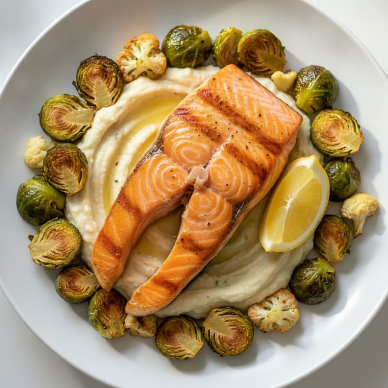 Seared Salmon Fillet with Roasted Brussels Sprouts and Cauliflower Mash