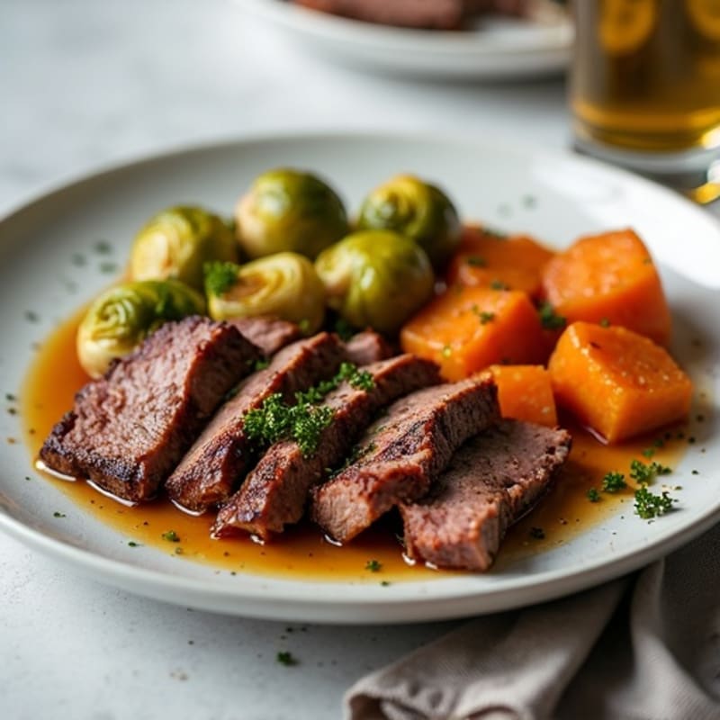 Smoky Lean Brisket with Crispy Roasted Brussels Sprouts and Sweet Potato