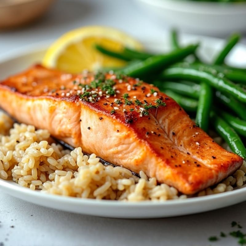 Seared Salmon with Lemon-Garlic Green Beans and Brown Rice