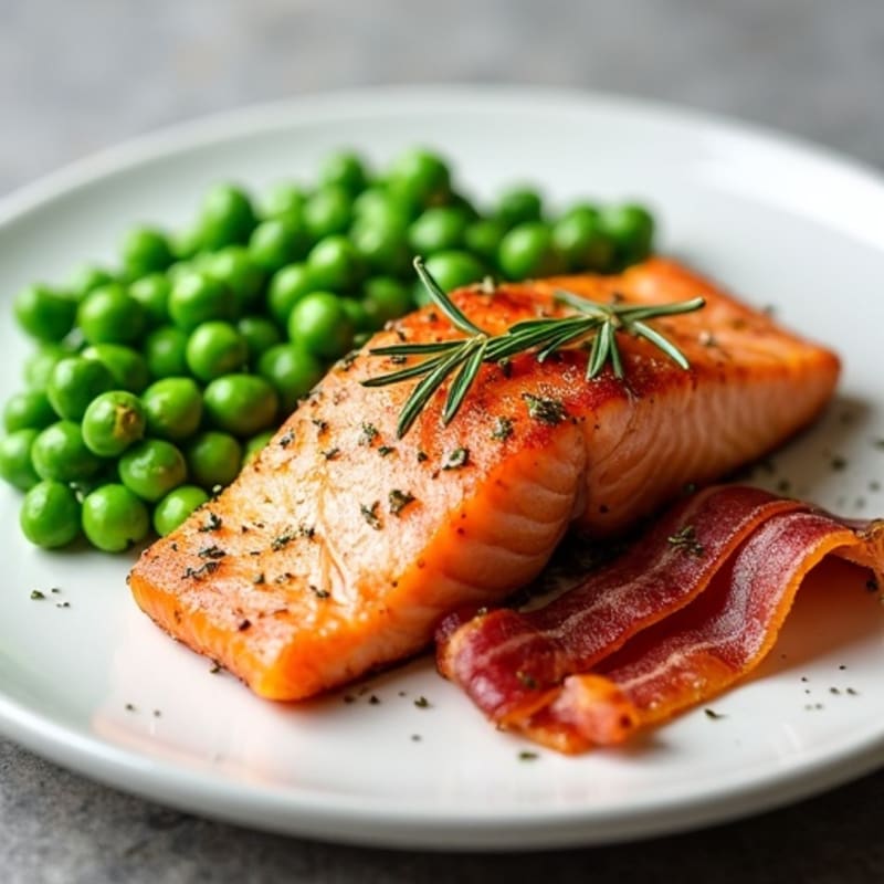 Pan-Seared Herb Salmon with Crispy Bacon and Fresh Peas