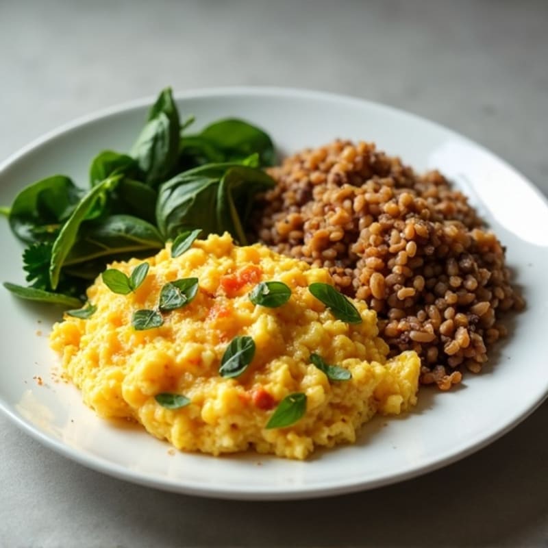 Egg White and Spinach Scramble with Grilled Chicken & Curried Lentil Rice