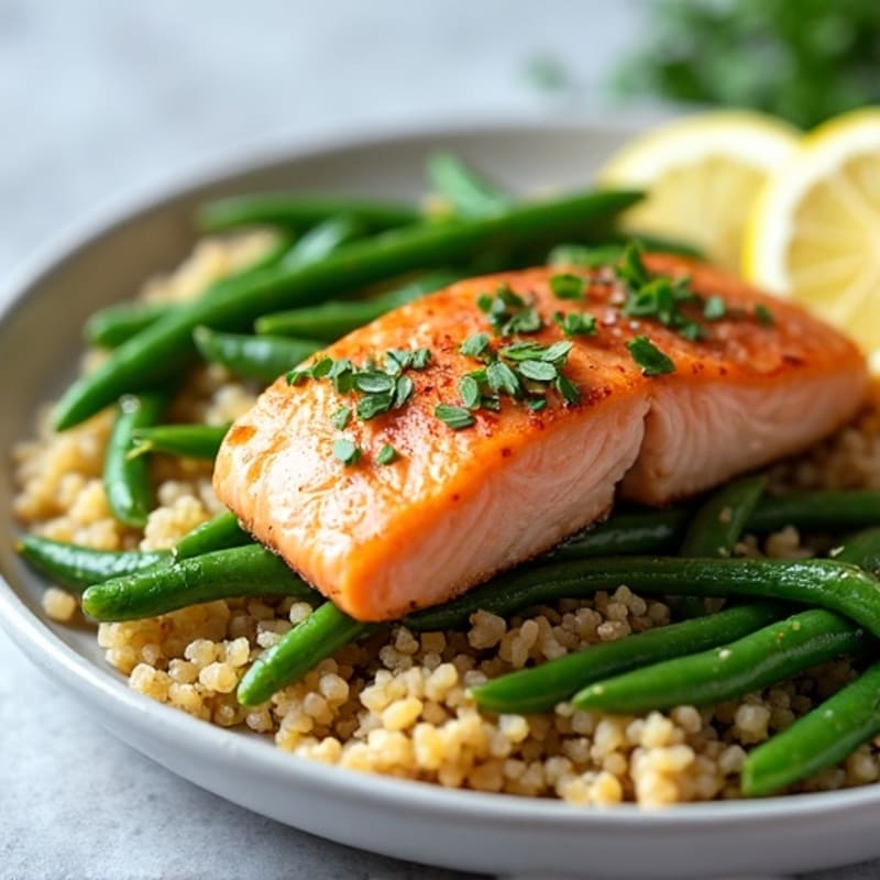 Pan-Seared Salmon with Garlic Green Beans and Quinoa