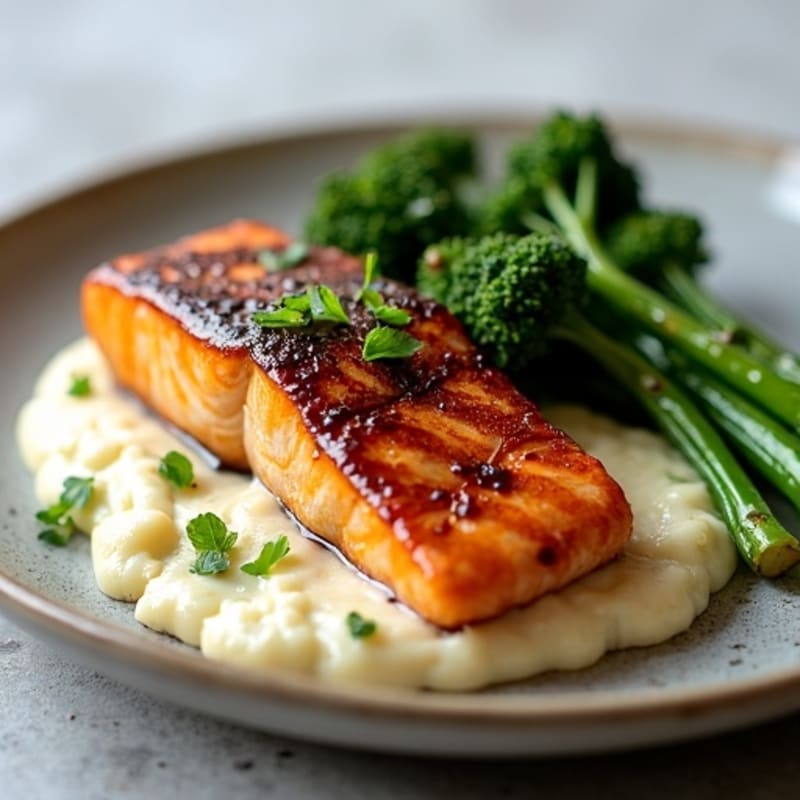 Rich Balsamic Glazed Salmon with Creamy Cauliflower Mash and Roasted Broccolini