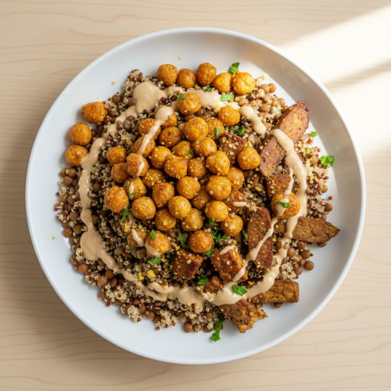 Crispy Lentil and Quinoa Power Bowl with Roasted Chickpeas