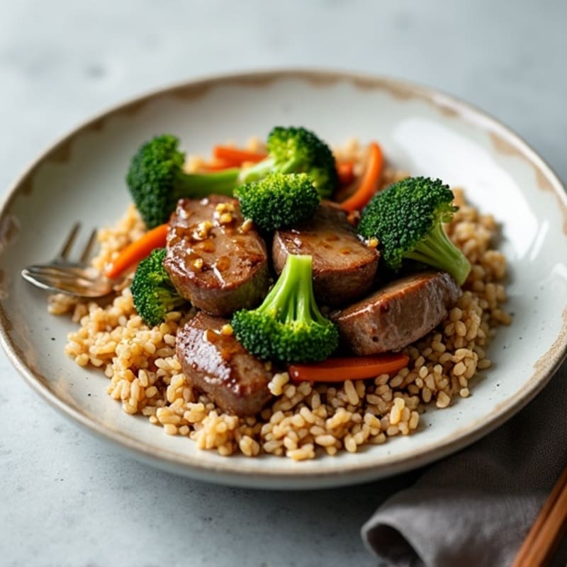 Tender Beef and Crispy Broccoli Stir-Fry with Brown Rice