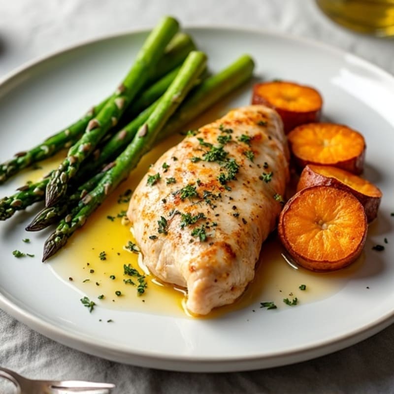 Lemon-Herb Roasted Chicken with Crispy Asparagus and Sweet Potatoes