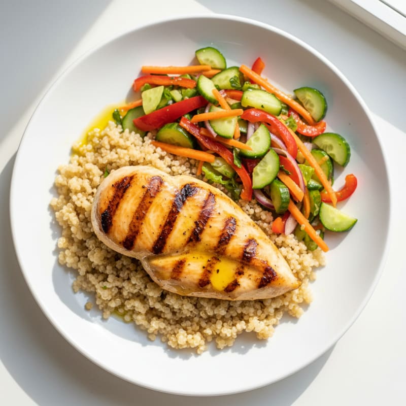 Grilled Chicken Breast with Quinoa and Crunchy Vegetable Salad