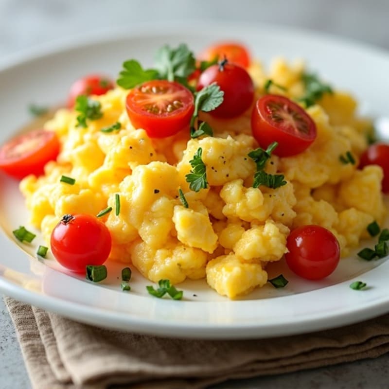 Herb Scrambled Eggs with Creamy Cheese and Fresh Cherry Tomatoes