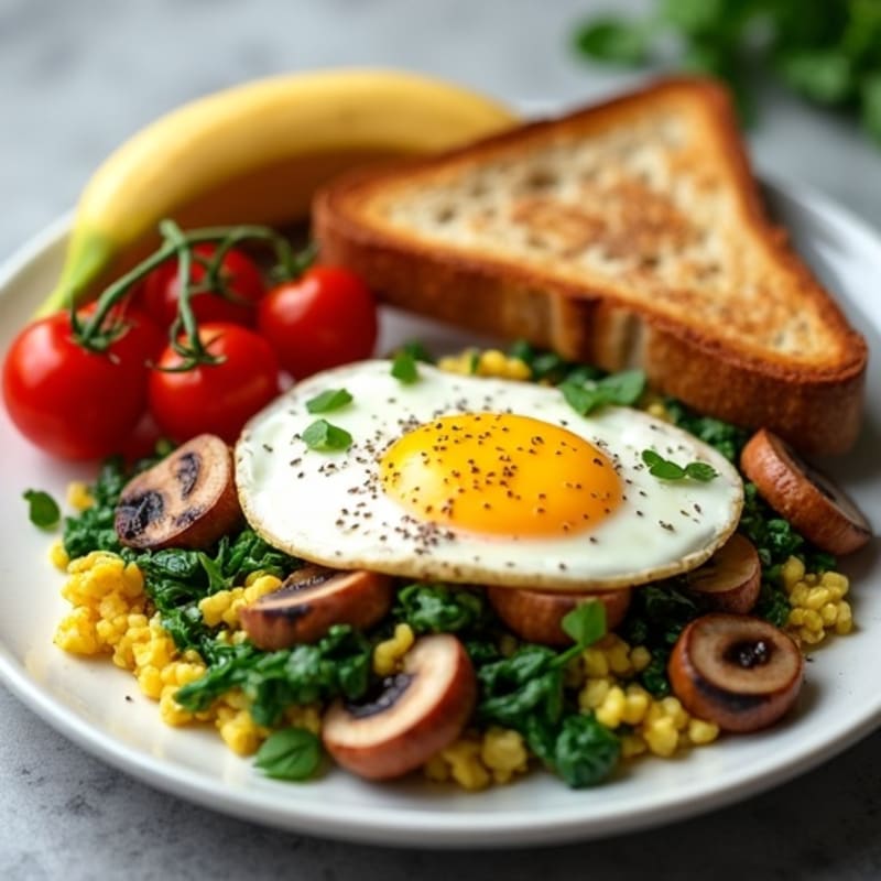 Egg White Scramble with Spinach, Mushrooms, and Grilled Turkey Sausage