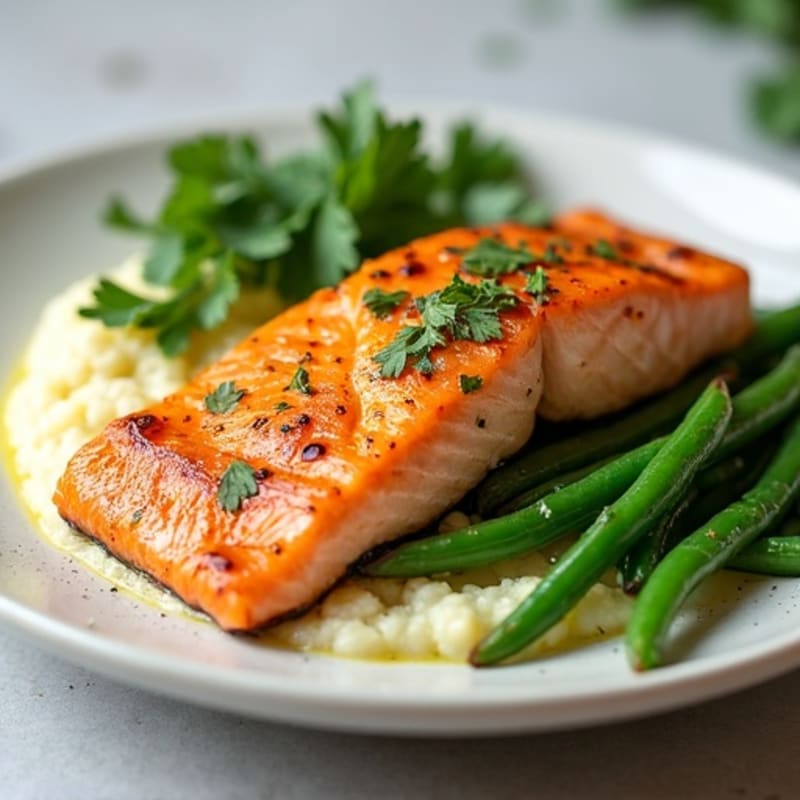 Seared Salmon with Garlic Green Beans and Cauliflower Mash