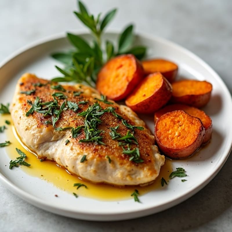 Sheet Pan Herb-Crusted Chicken with Roasted Sweet Potatoes