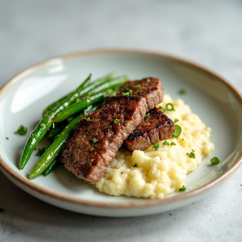 Seared Lean Beef Strips with Garlic Green Beans and Cauliflower Mash