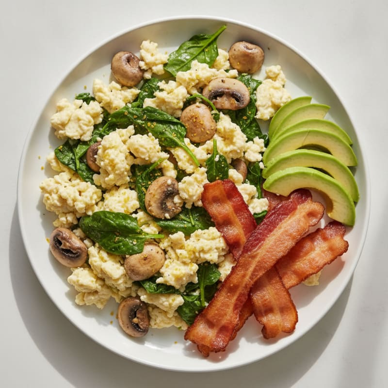 Egg White Spinach Scramble with Turkey Bacon and Sautéed Mushrooms