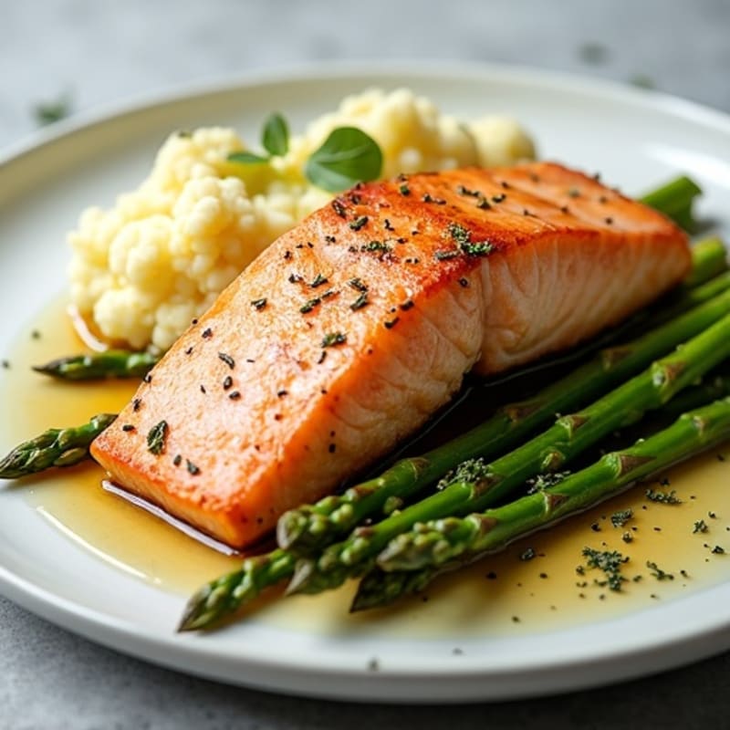 Seared Salmon Fillet with Roasted Asparagus and Garlic Mashed Cauliflower