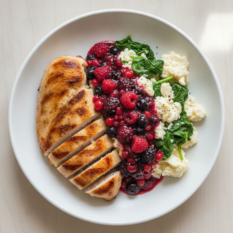 Grilled Chicken with Spinach Egg Whites & Berry Compote