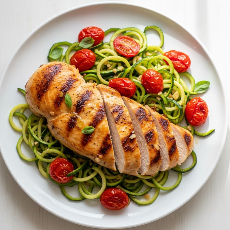 Grilled Chicken Breast over Zucchini Noodles with Cherry Tomatoes