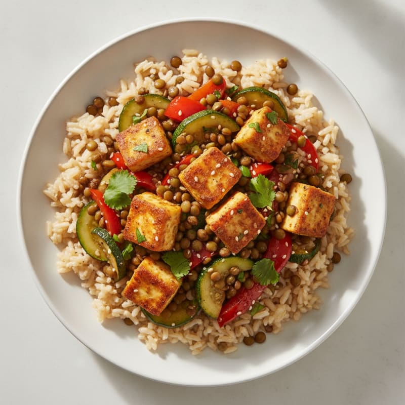 Paneer and Lentil Stir-Fry with Brown Rice