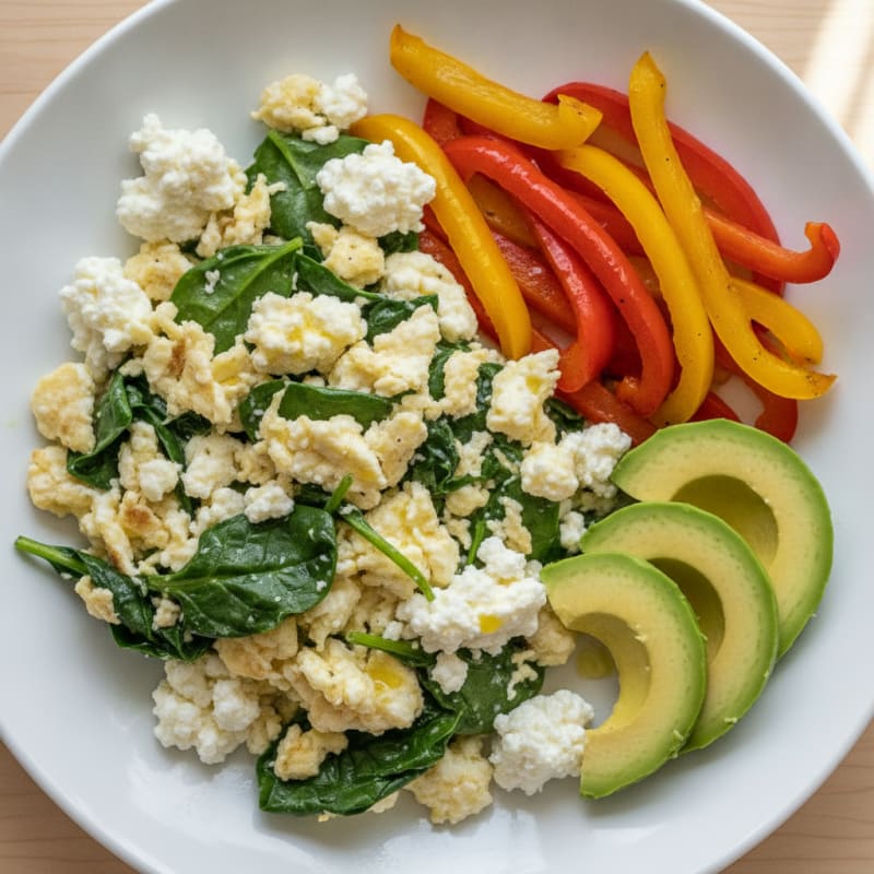 Egg White and Spinach Scramble with Cottage Cheese and Sautéed Bell Peppers